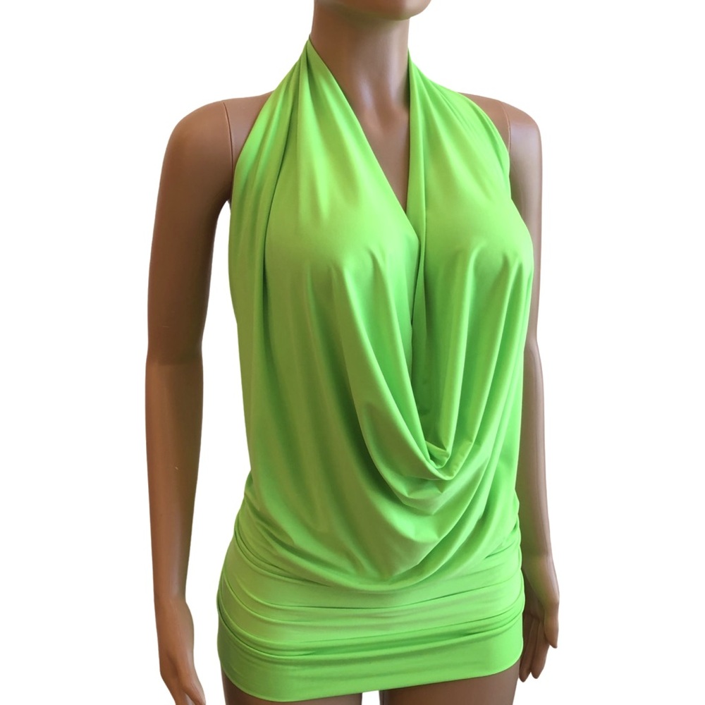 Neon Lime Green Backless Drape Halter Top Sexy Made in USA